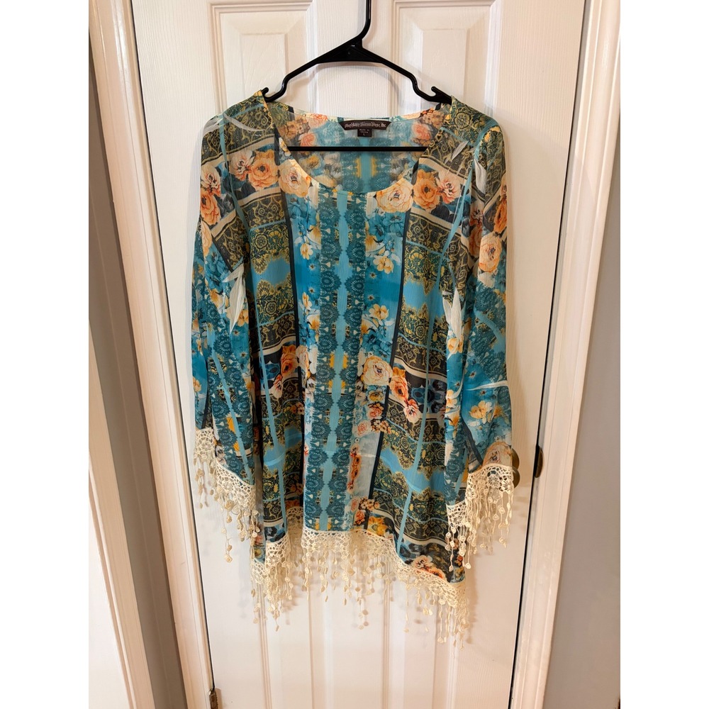 Hushkaby Sienna Rose Tunic Womens Large Blue Floral Lace Fringe Boho Top